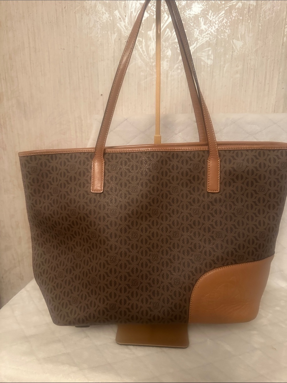 Patterned Brown Tote with Tan Trim